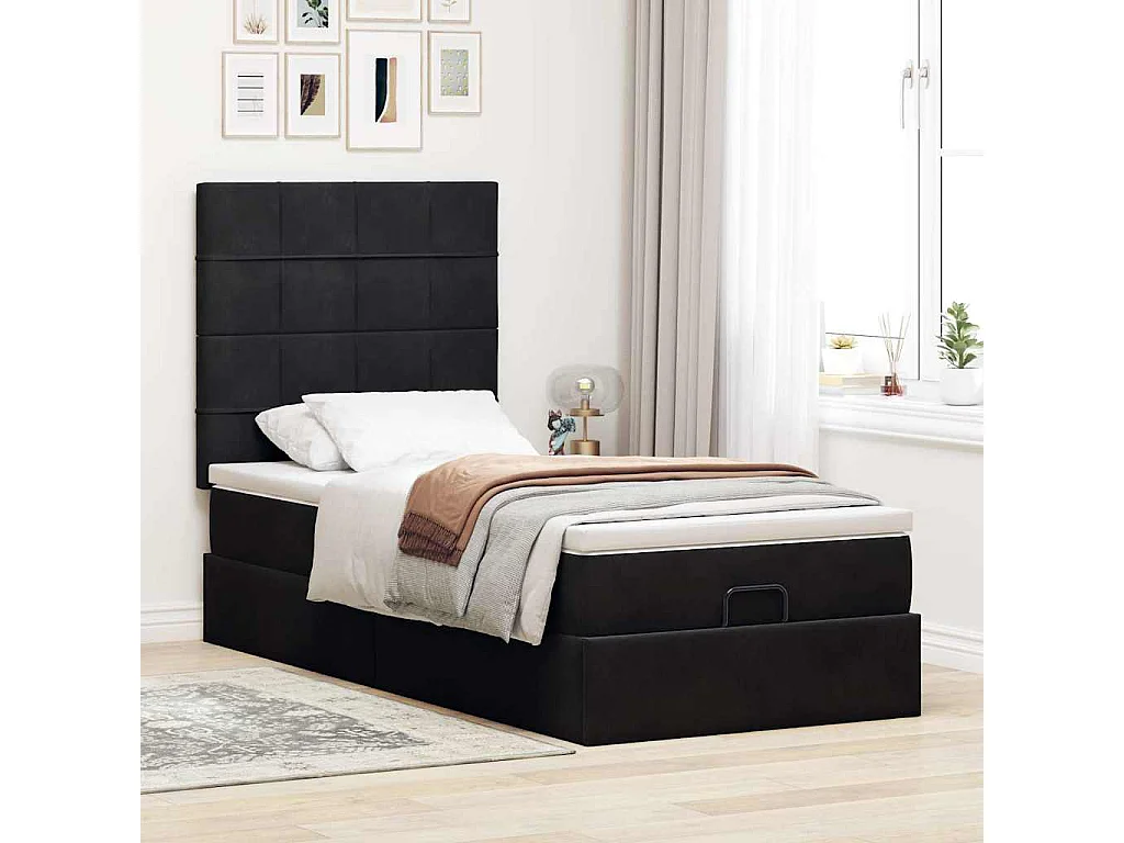 Cadre de lit ottoman avec matelas noir 90x190 cm velours