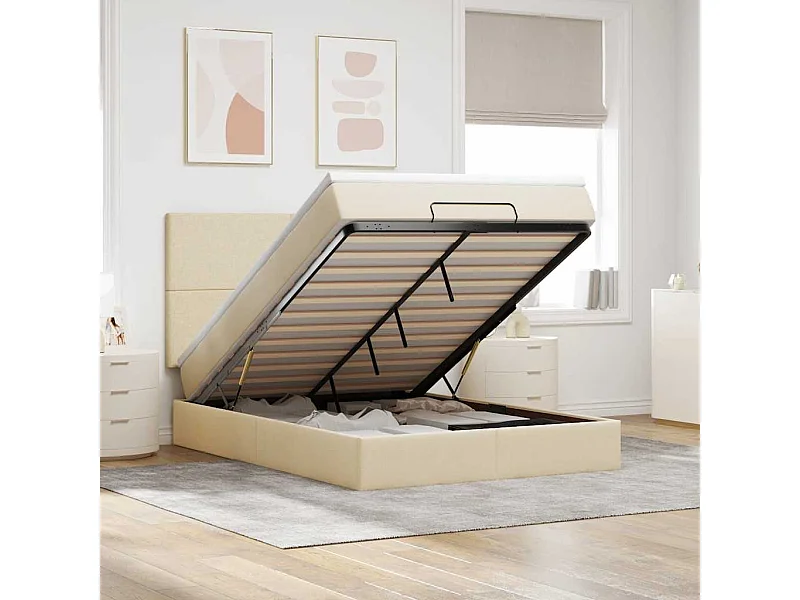 Estrutura de cama otomana com creme de colchão 140x190cm tecido