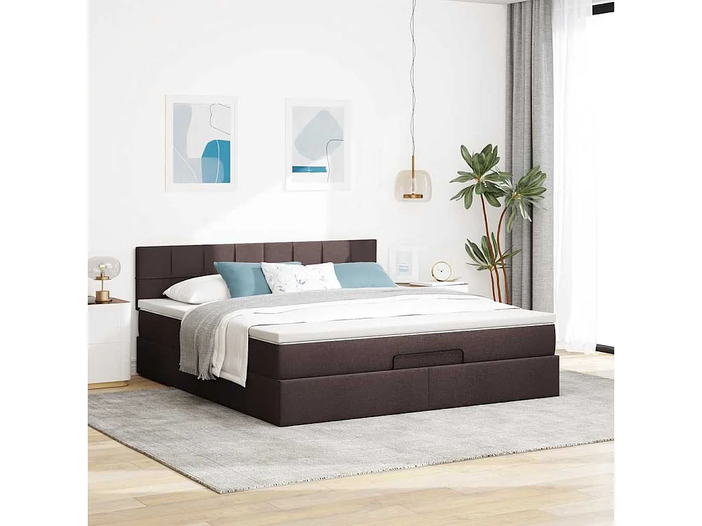 Cadre de lit ottoman avec matelas marron foncé 160x200 cm tissu