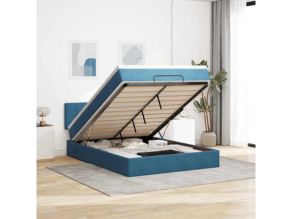 Cadre de lit ottoman avec matelas bleu foncé 140x200 cm velours