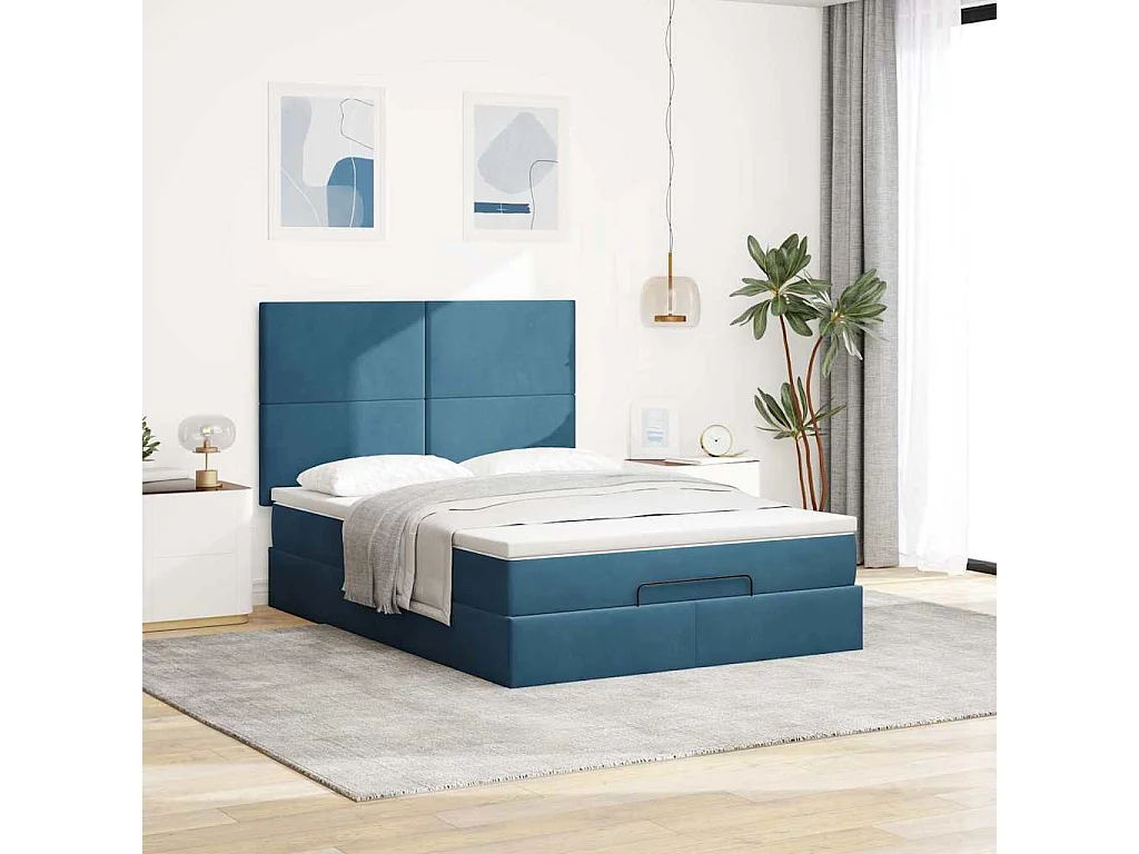Cadre de lit ottoman avec matelas bleu foncé 140x200 cm velours