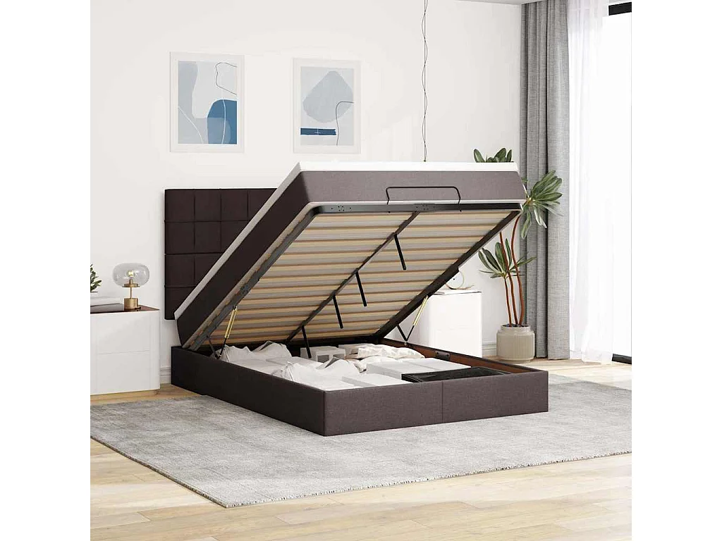 Estructura cama otomana colchón tela marrón oscuro 140x190cm