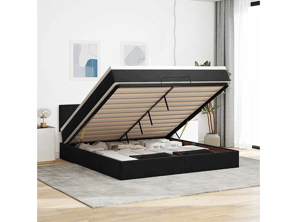 Cadre de lit ottoman avec matelas noir 180x200 cm velours