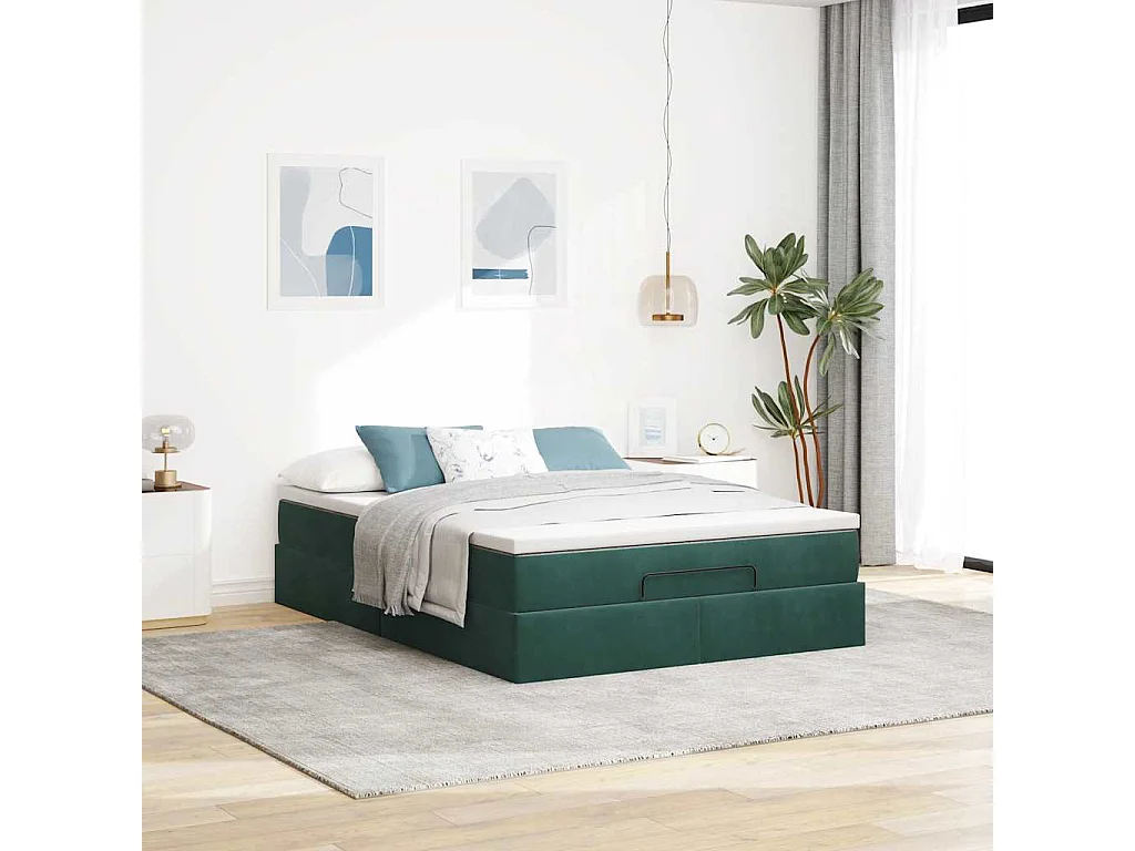 Cadre de lit ottoman avec matelas vert foncé 140x190 cm velours