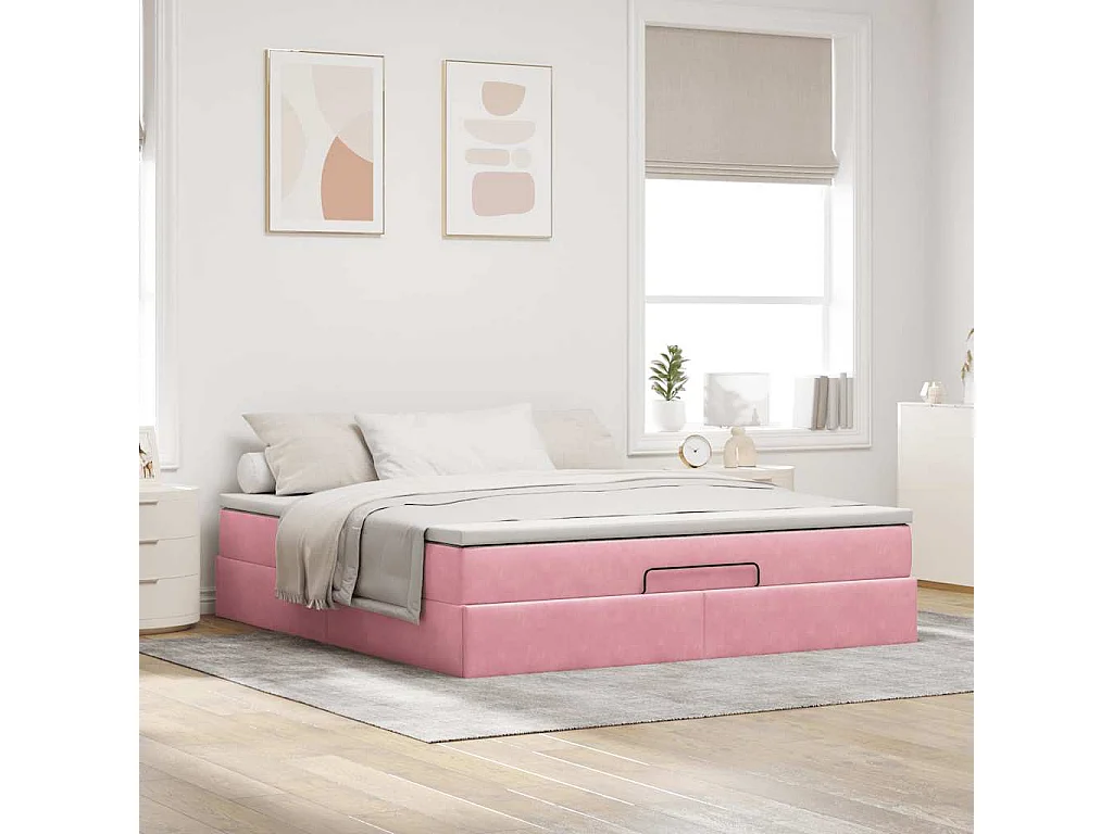 Estructura cama otomana con colchón terciopelo rosa 160x200 cm