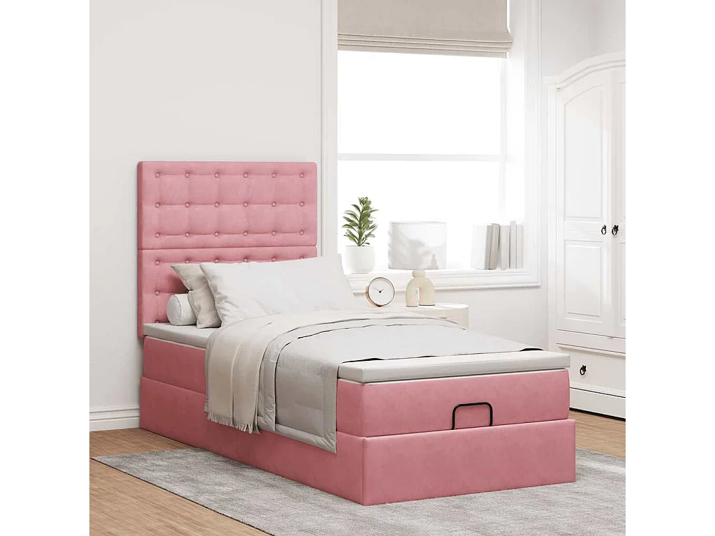 Estructura cama otomana colchones terciopelo rosa 80x200cm