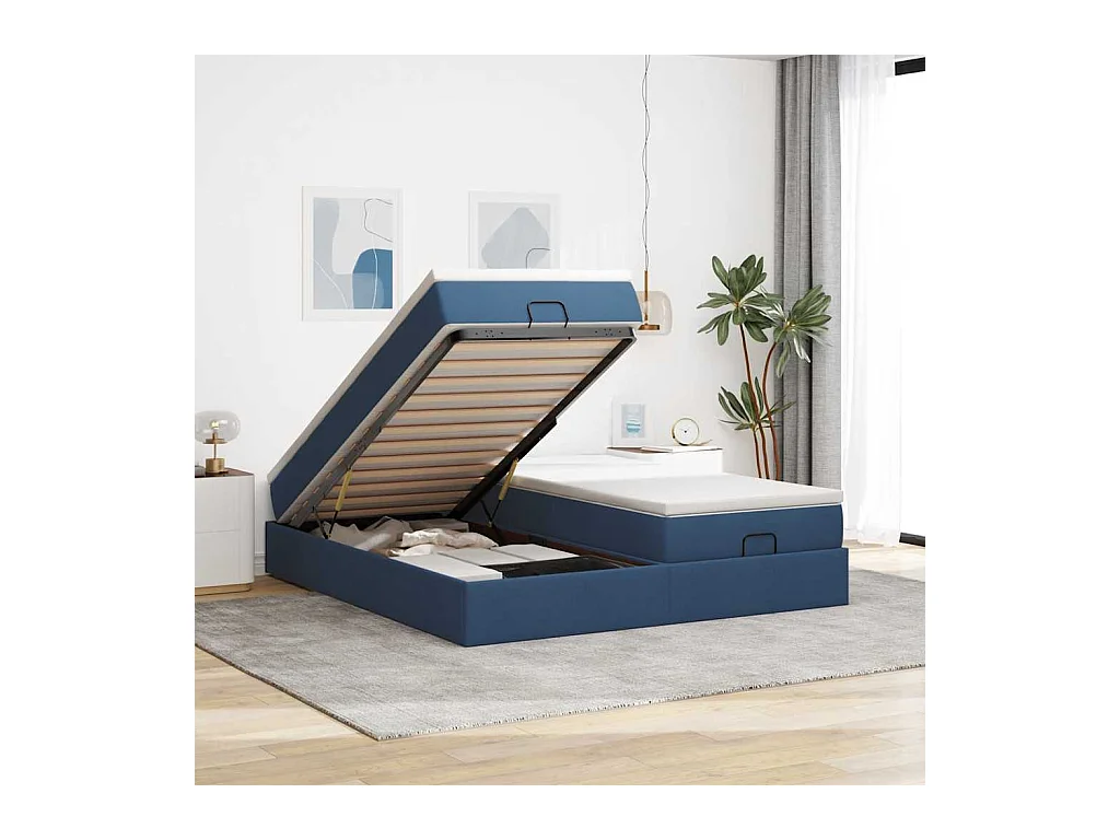 Cadre de lit ottoman avec matelas bleu 160x200 cm tissu