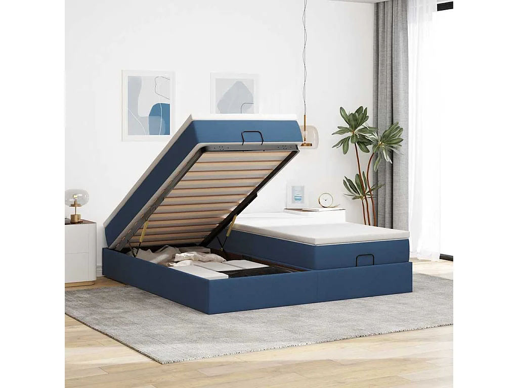 Cadre de lit ottoman avec matelas bleu 160x200 cm tissu