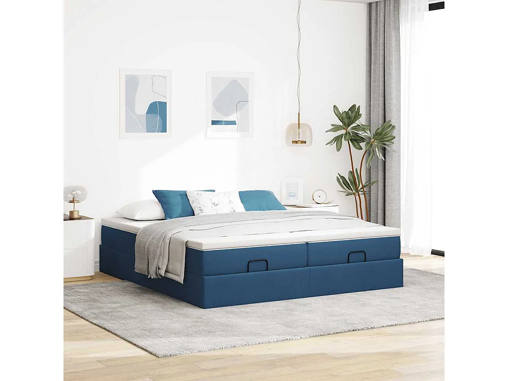 Cadre de lit ottoman avec matelas bleu 160x200 cm tissu