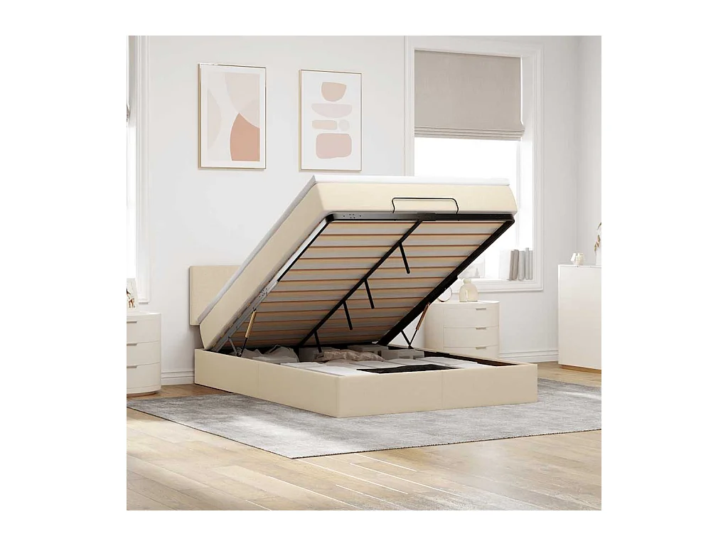 Cama otomana con colchón de tela color crema 140x190 cm