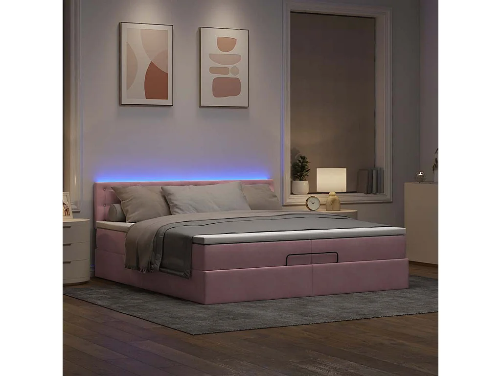 Cadre de lit ottoman avec matelas rose 200x200 cm velours