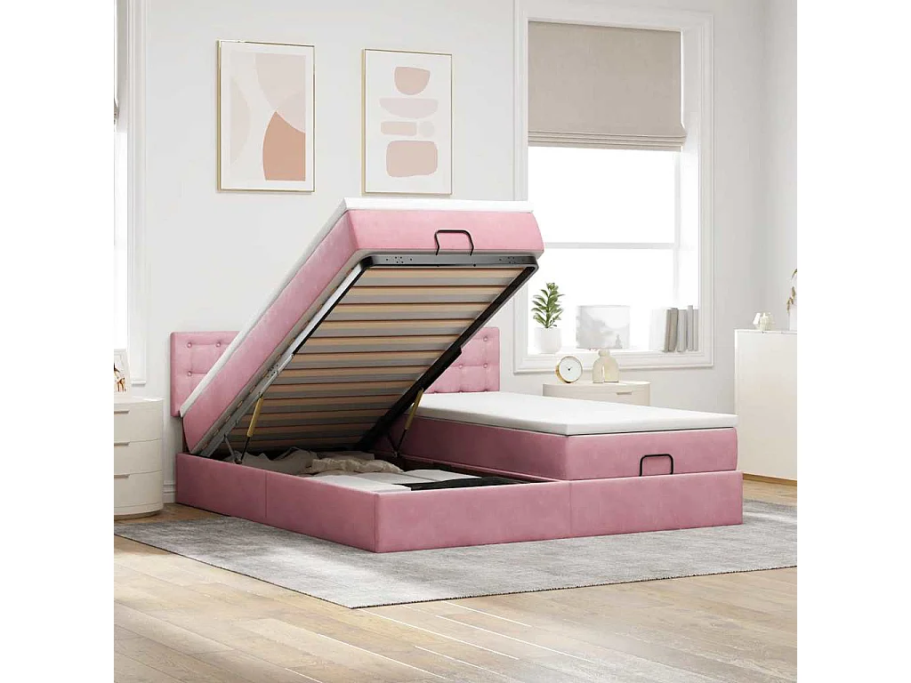 Cadre de lit ottoman avec matelas rose 160x200 cm velours