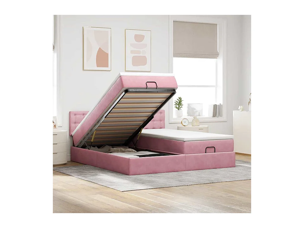 Cadre de lit ottoman avec matelas rose 160x200 cm velours