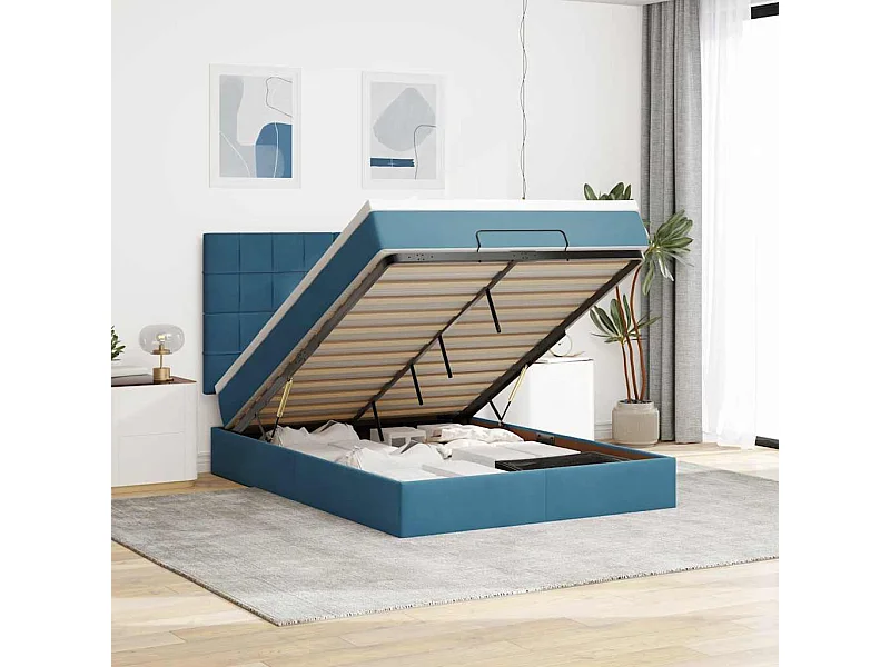Estrutura de cama otomana colchões 140x200cm veludo azul escuro