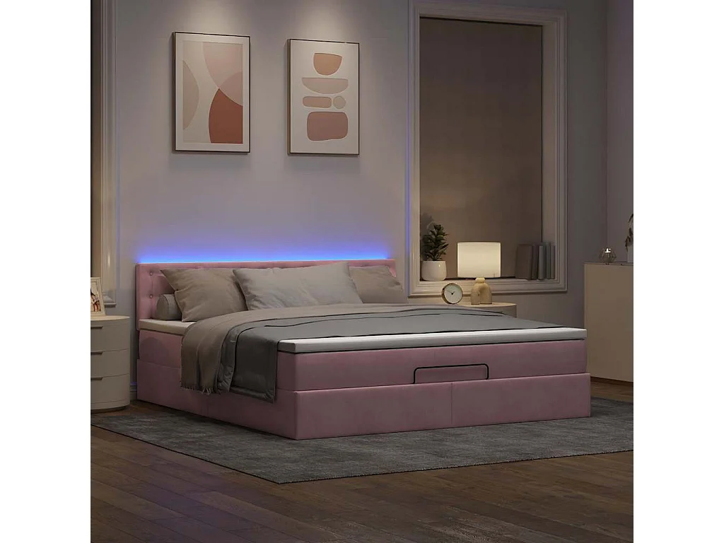 Cadre de lit ottoman avec matelas rose 160x200 cm velours