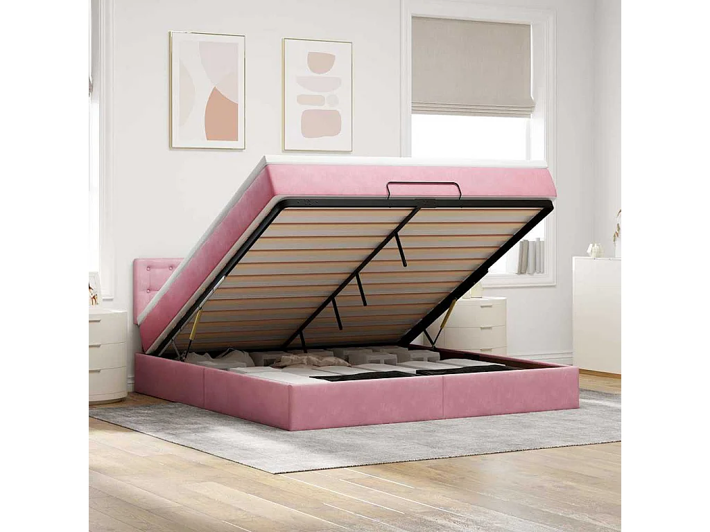 Estructura cama otomana con colchón terciopelo rosa 160x200 cm