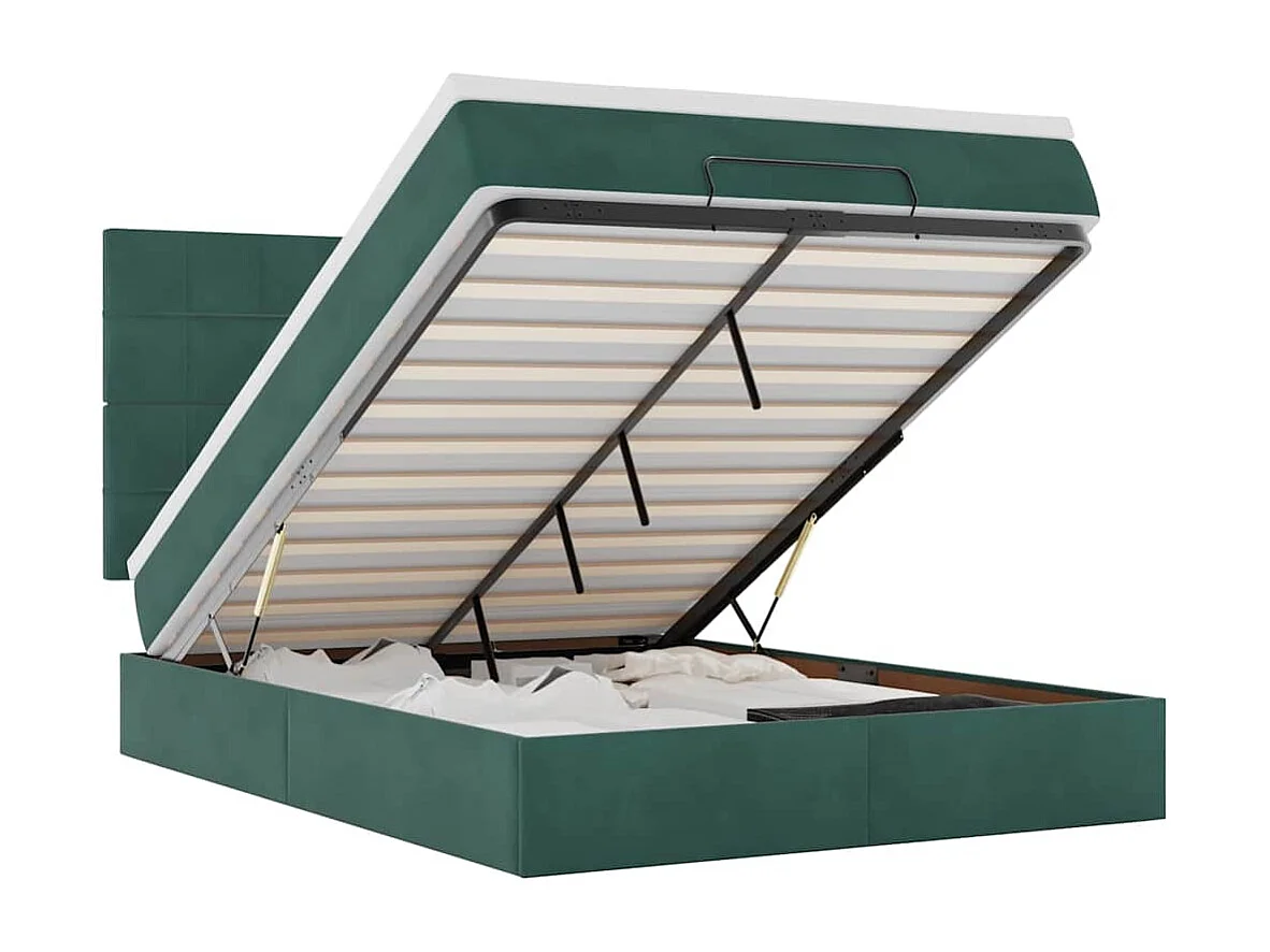 Estructura cama otomana colchones terciopelo verde oscuro