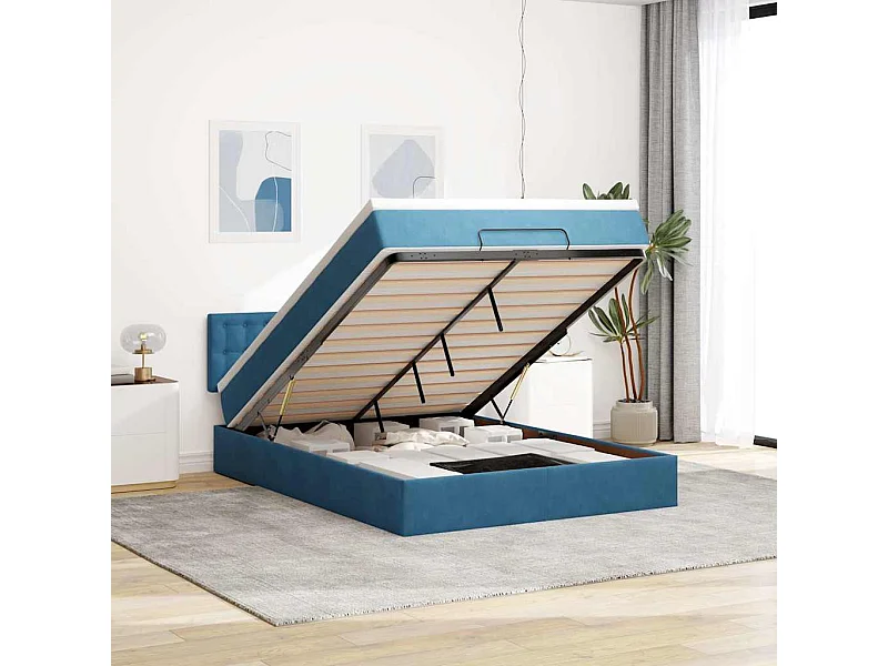 Cadre de lit ottoman avec matelas bleu foncé 140x200 cm velours