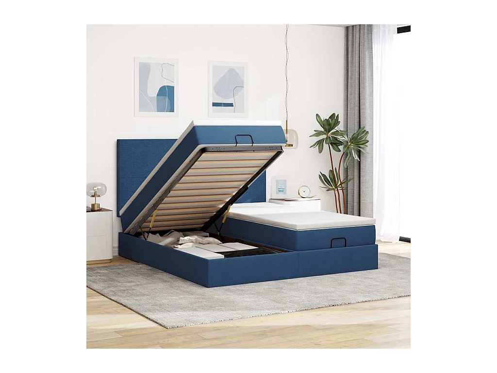 Cadre de lit ottoman avec matelas bleu 160x200 cm tissu