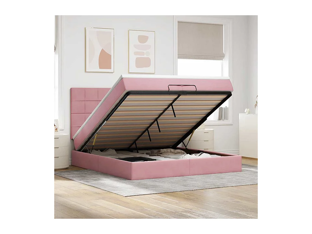Cadre de lit ottoman avec matelas rose 200x200 cm velours