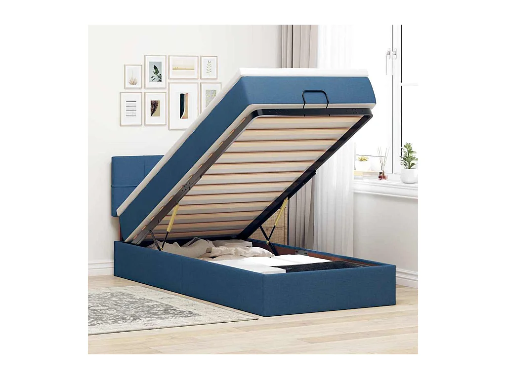 Estrutura de cama otomana com colchão tecido azul 80x200cm