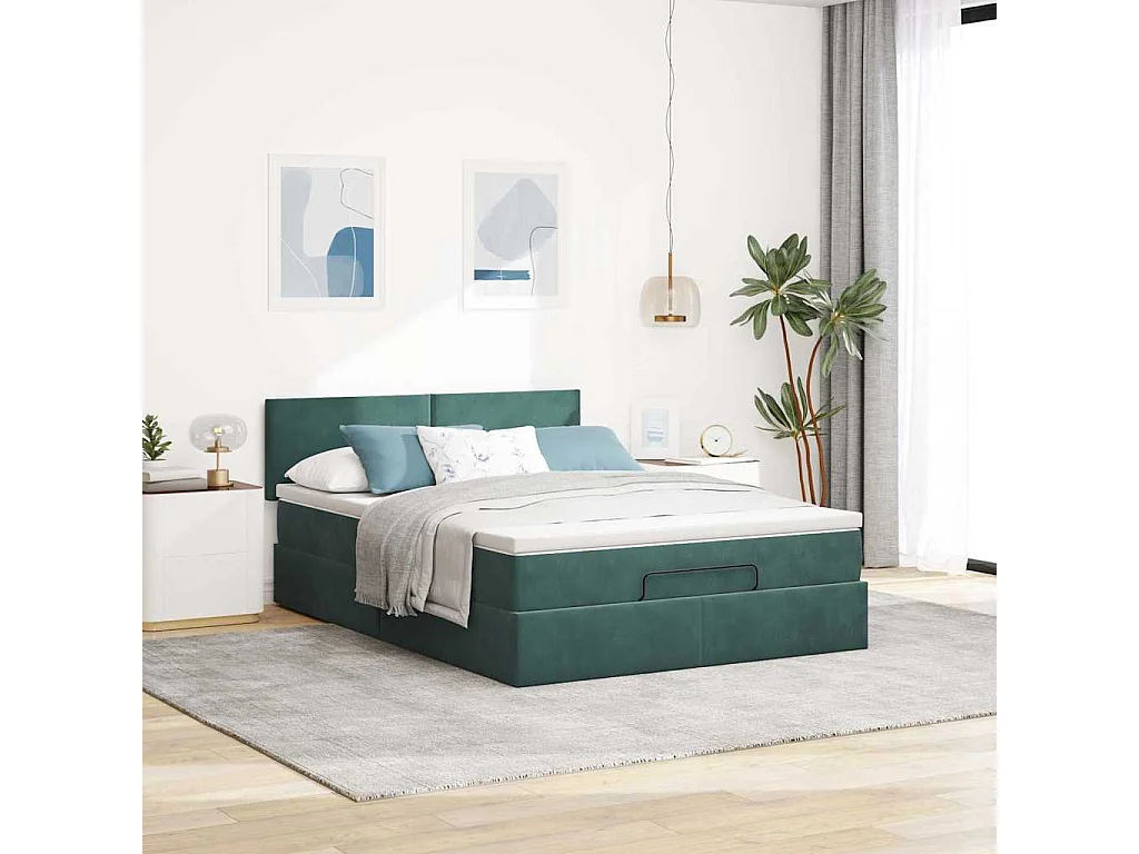 Cadre de lit ottoman avec matelas vert foncé 140x190 cm velours