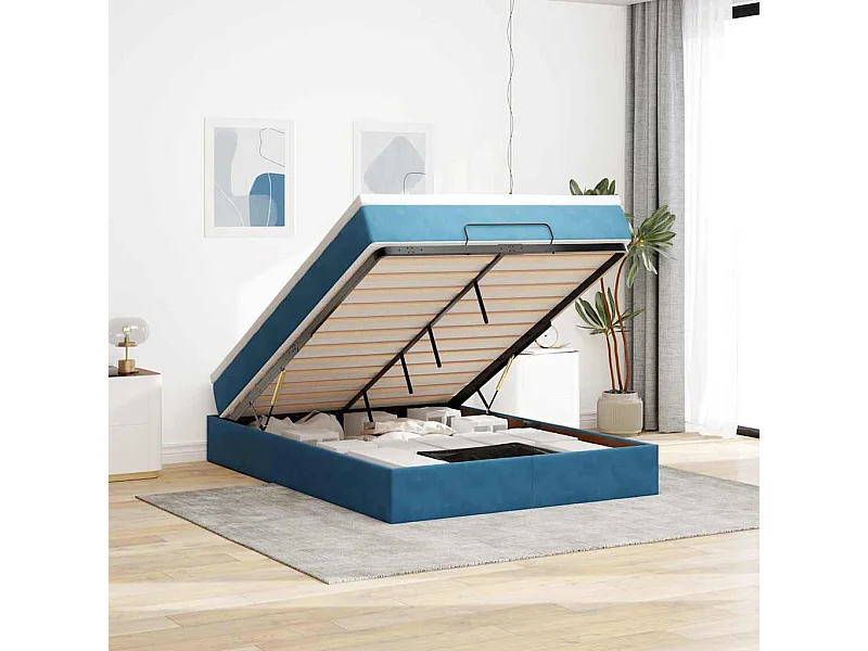 Estrutura de cama otomana com colchão 140x200 cm azul escuro