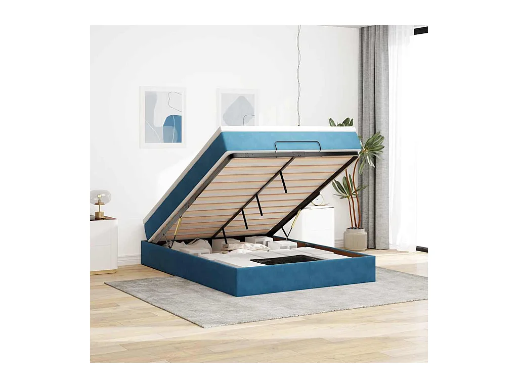 Cadre de lit ottoman avec matelas bleu foncé 140x200 cm velours