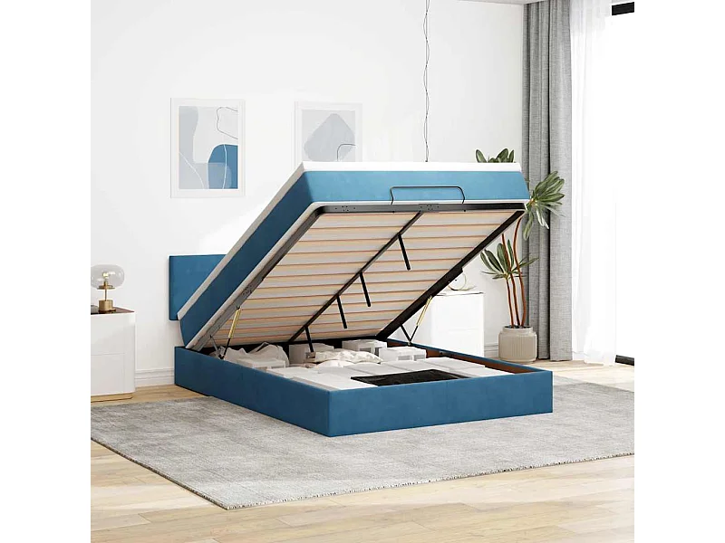 Cadre de lit ottoman avec matelas bleu foncé 140x200 cm velours