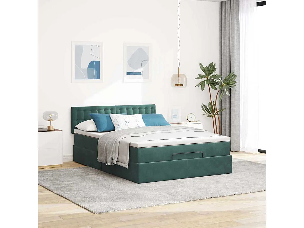 Cadre de lit ottoman avec matelas vert foncé 140x190 cm velours