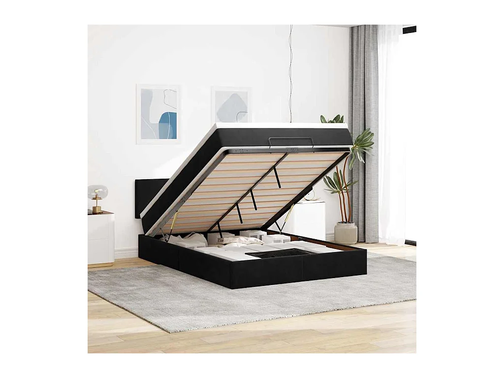 Cadre de lit ottoman avec matelas noir 140x190 cm velours