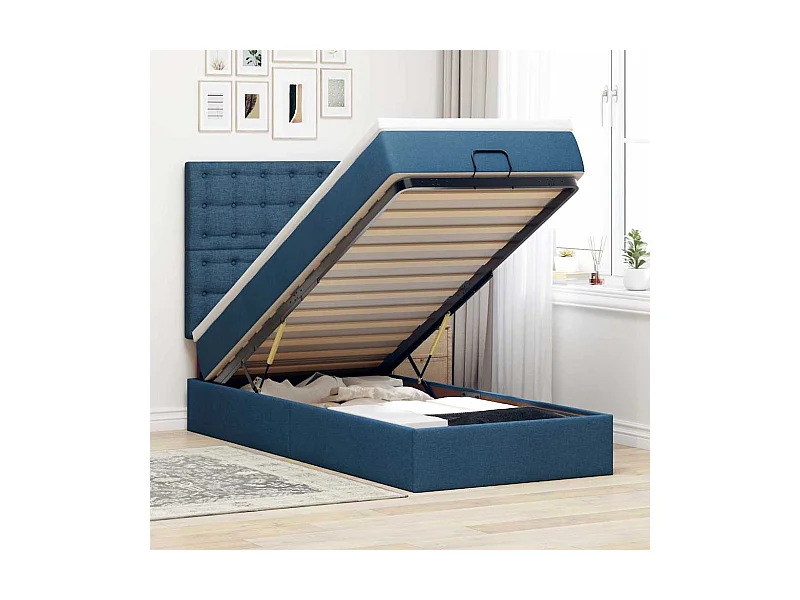 Estrutura de cama otomana com colchão tecido azul 80x200cm