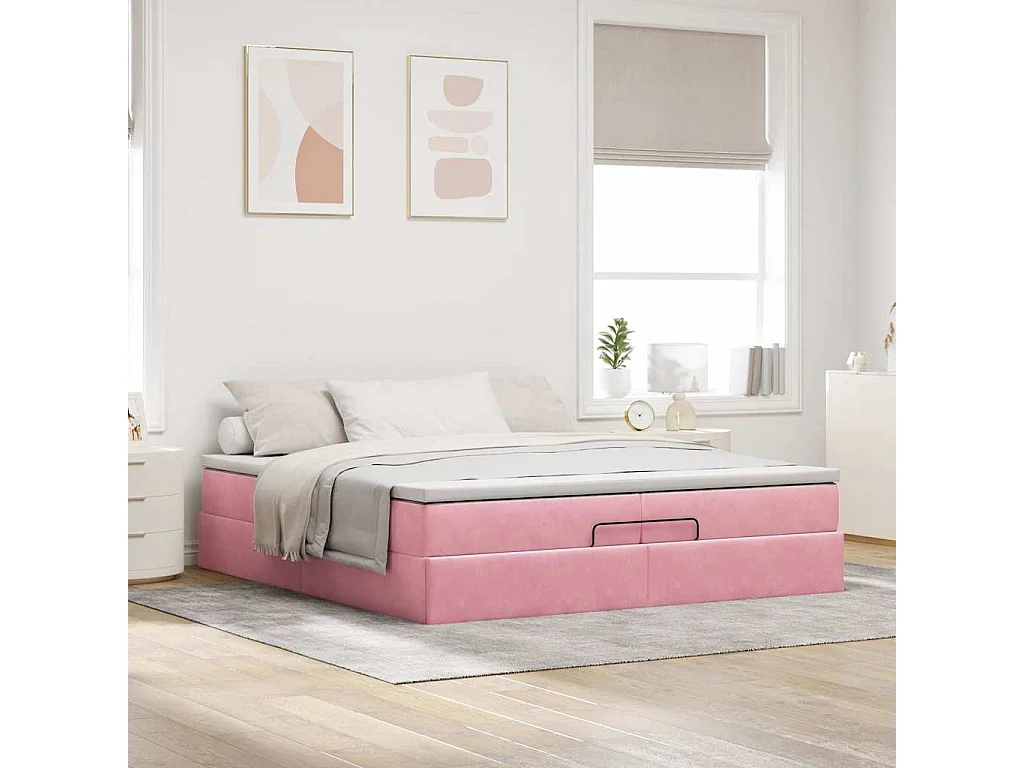 Cadre de lit ottoman avec matelas rose 200x200 cm velours