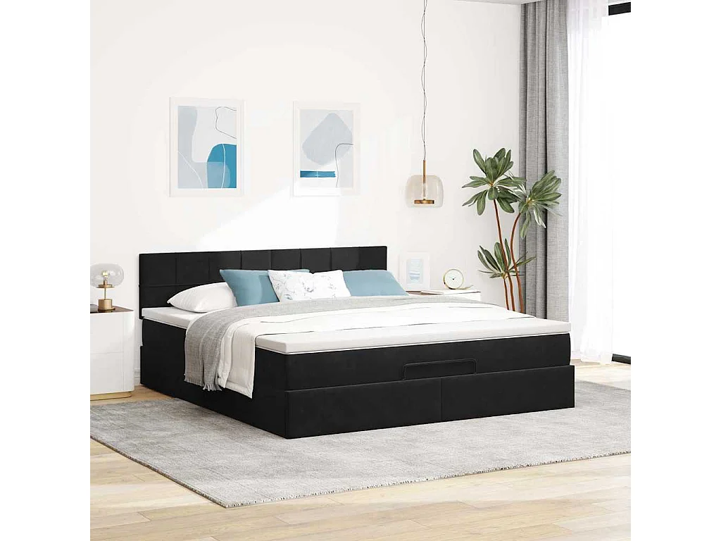 Cadre de lit ottoman avec matelas noir 180x200 cm velours