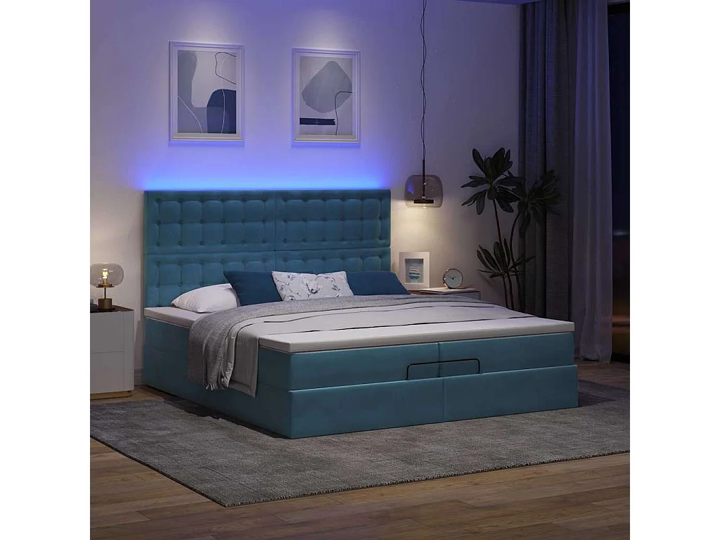 Cadre de lit ottoman avec matelas bleu foncé 200x200 cm velours