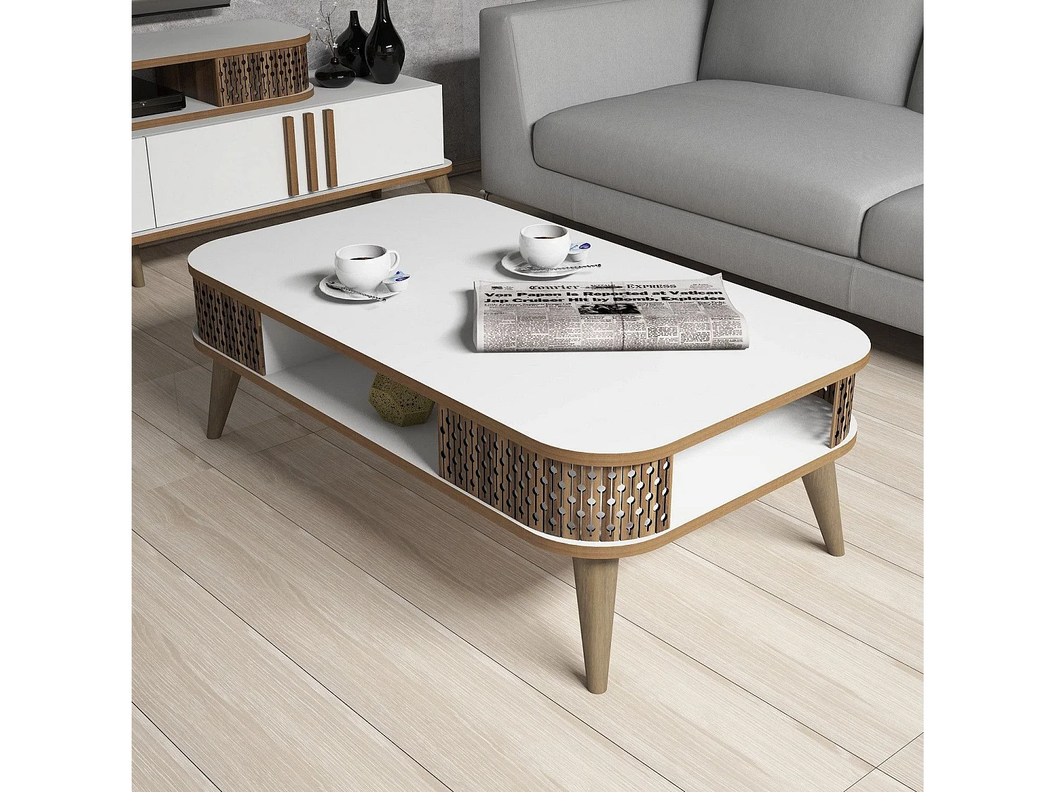 Table basse Chanez avec rangement L105cm Blanc et Bois foncé