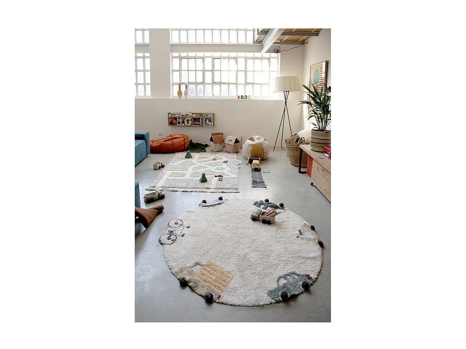 Tapis enfant rond en coton fait main lavable en machine Wheels Ronde