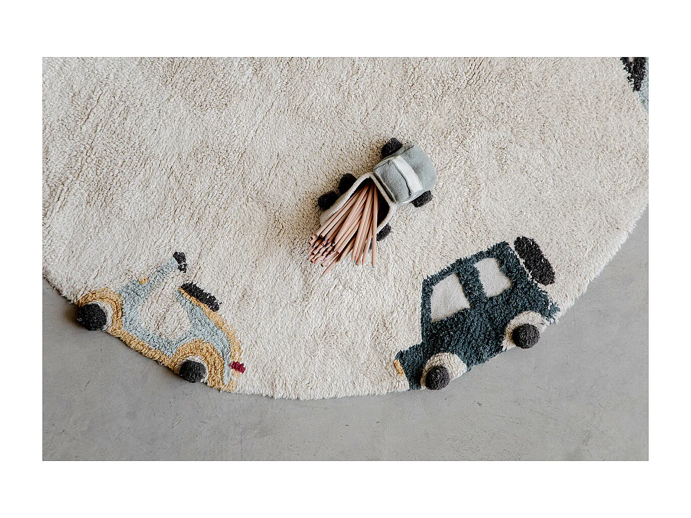 Tapis enfant rond en coton fait main lavable en machine Wheels Ronde