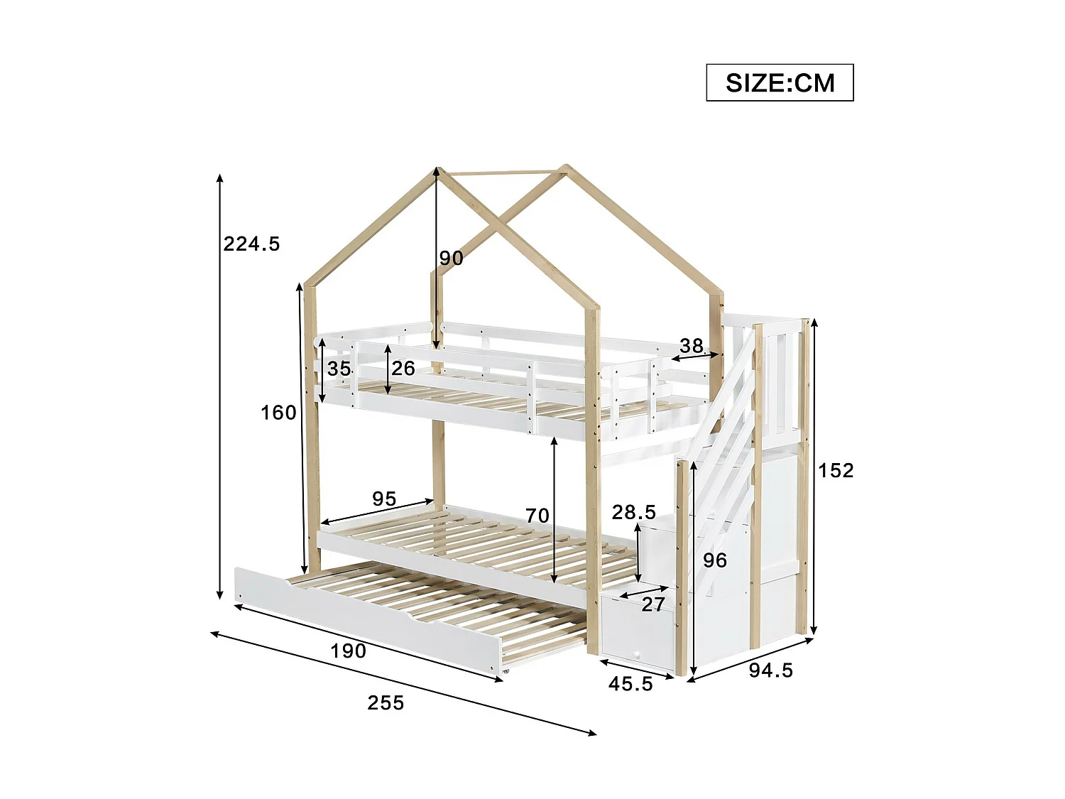Drievoudige stapelbedden - 2 x 90 x 200 cm - met schuifbeenbed 90 x 190 cm - 3 laden - Wit en natuurlijk