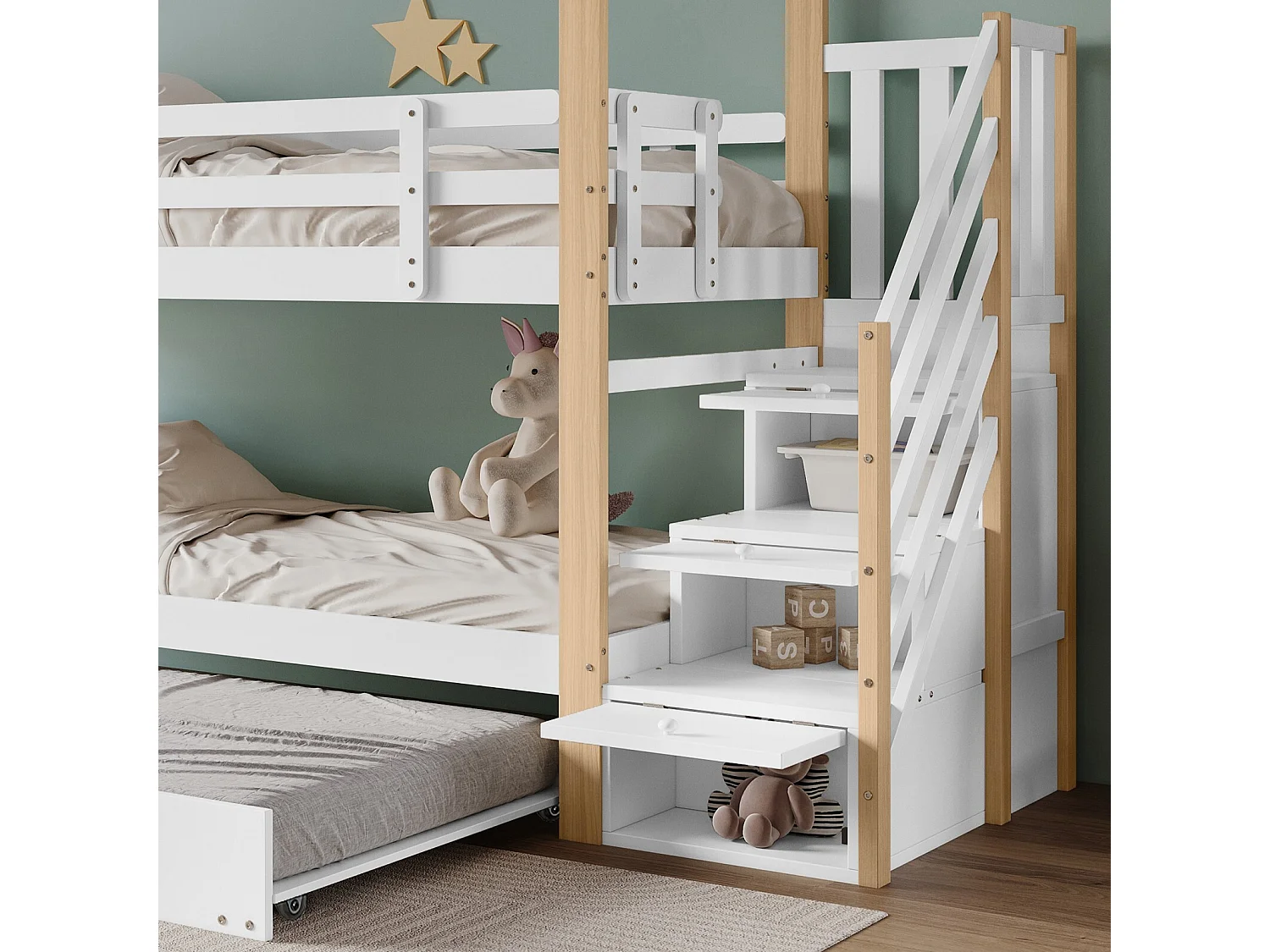 Drievoudige stapelbedden - 2 x 90 x 200 cm - met schuifbeenbed 90 x 190 cm - 3 laden - Wit en natuurlijk