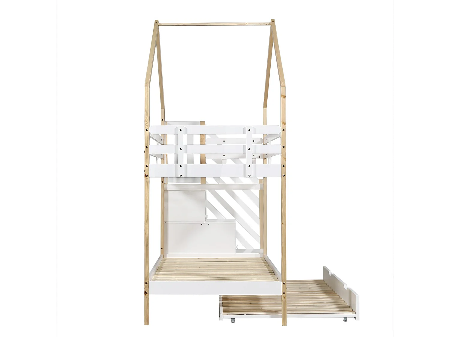 Drievoudige stapelbedden - 2 x 90 x 200 cm - met schuifbeenbed 90 x 190 cm - 3 laden - Wit en natuurlijk