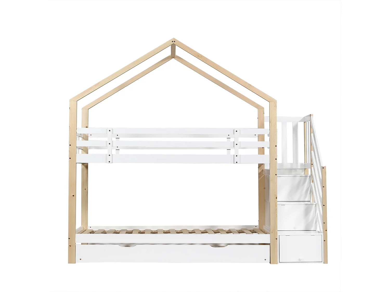 Drievoudige stapelbedden - 2 x 90 x 200 cm - met schuifbeenbed 90 x 190 cm - 3 laden - Wit en natuurlijk