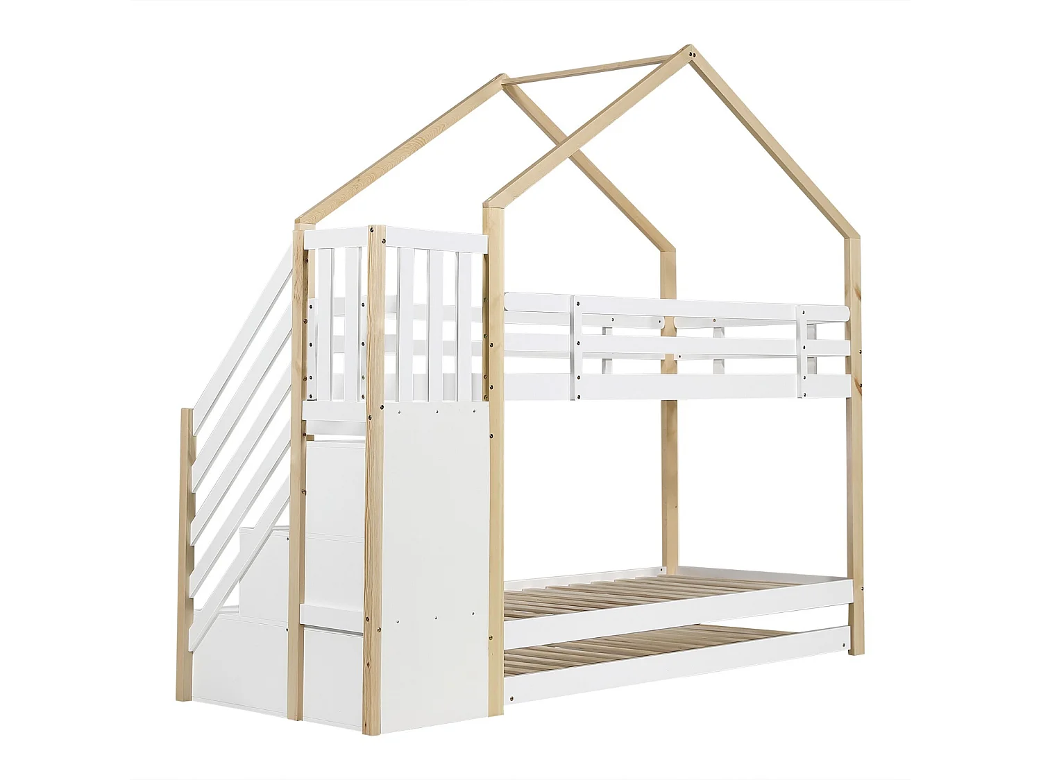 Drievoudige stapelbedden - 2 x 90 x 200 cm - met schuifbeenbed 90 x 190 cm - 3 laden - Wit en natuurlijk