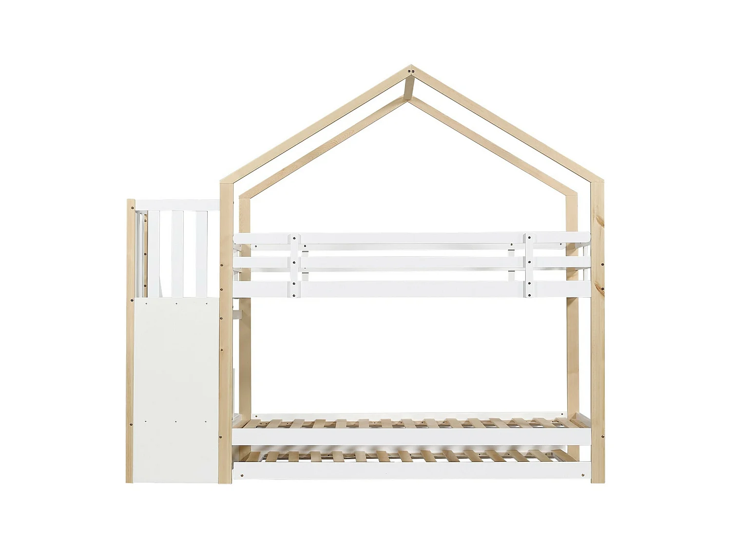 Lits superposés triple - 2 x 90 x 200 cm - avec lit gigogne coulissant 90 x 190 cm - 3 tiroirs - Blanc et naturel