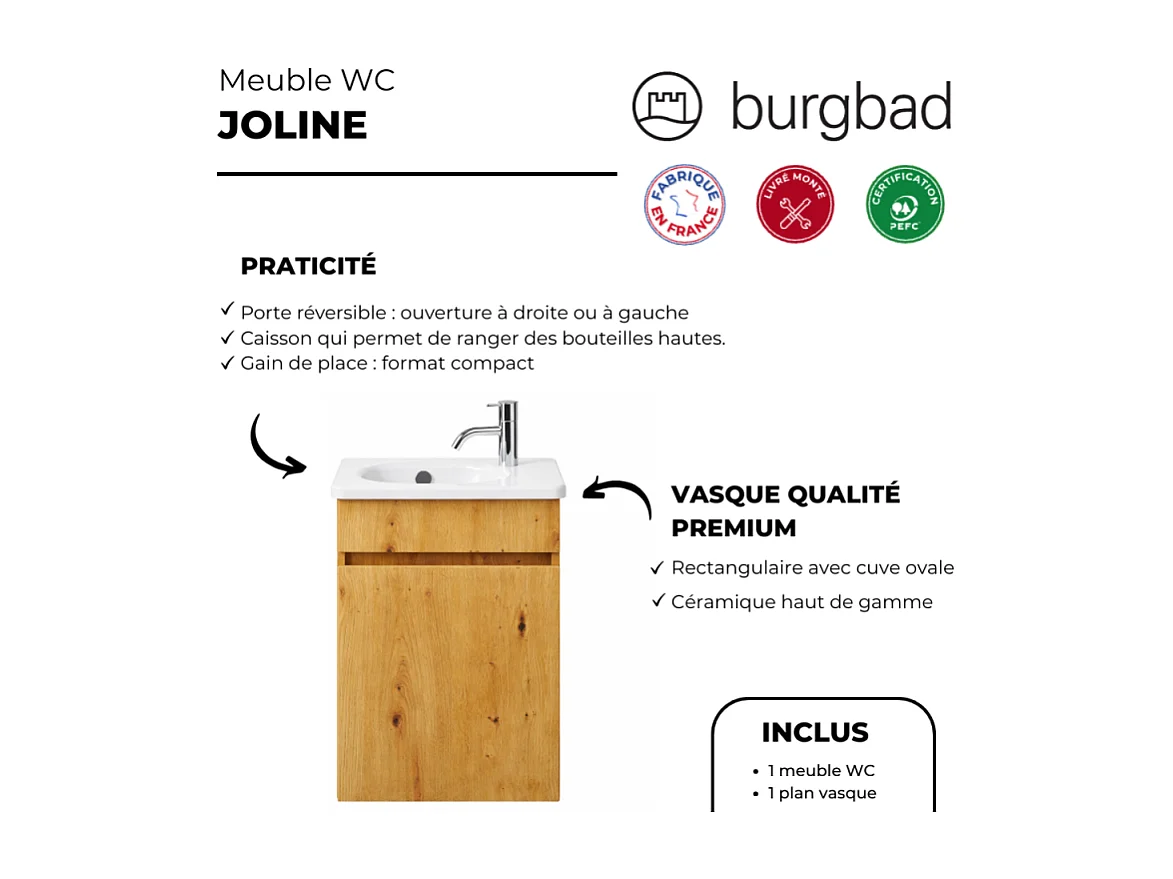 Meuble WC lave-mains BURGBAD Joline chêne