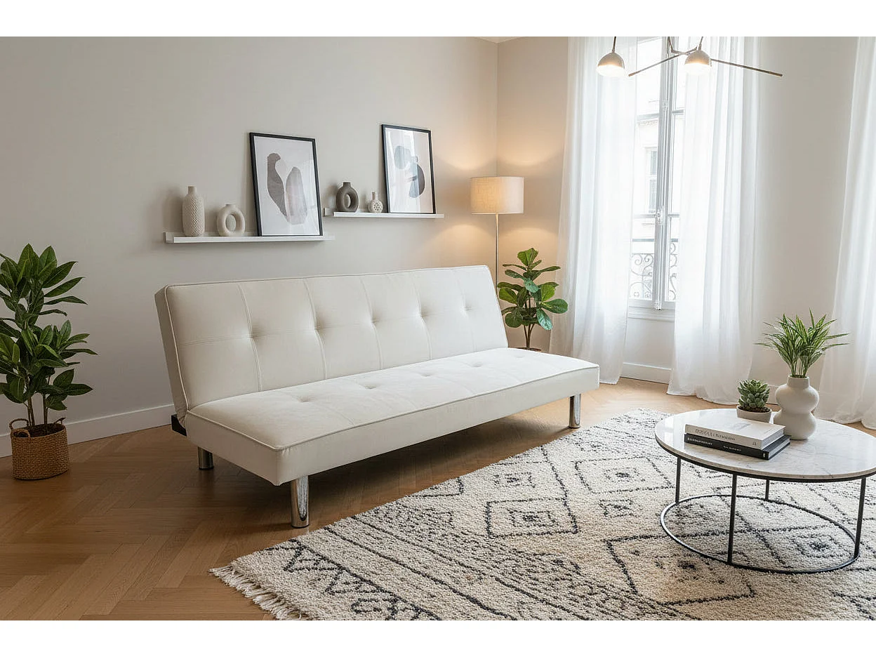 Banquette convertible clic-clac velours écru pieds chromés 180cm