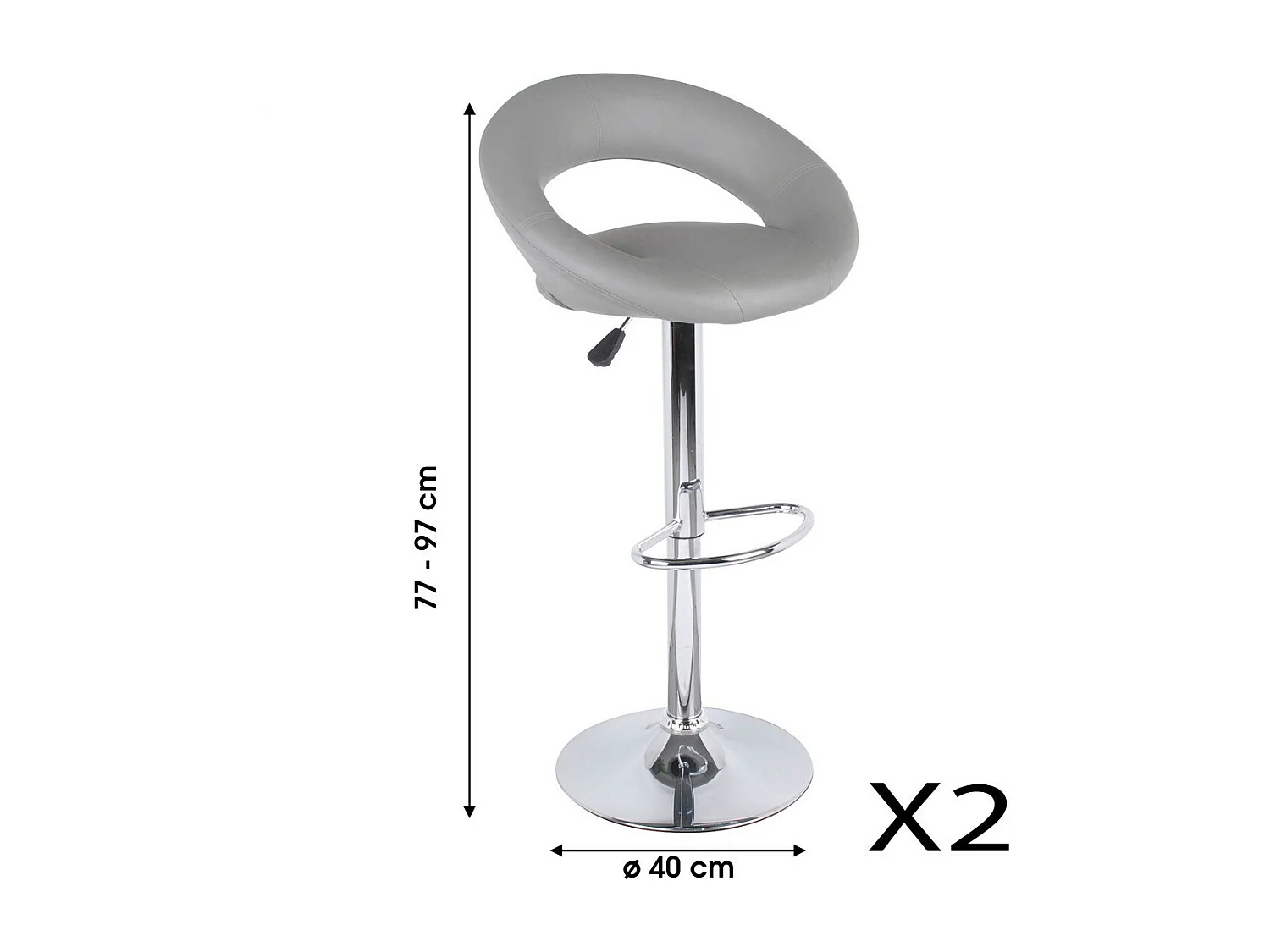 Lot de 2 tabourets de bar réglables en hauteur 77-97 cm – Assise simili cuir PU gris, pied en métal gris, diamètre 40 cm