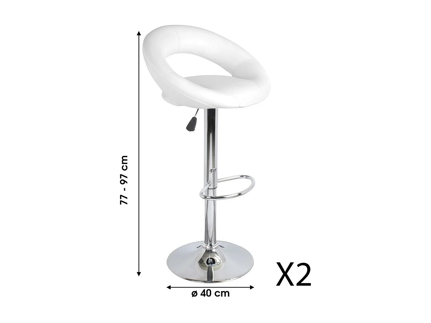 Lot de 2 tabourets de bar réglables en hauteur 77-97 cm – Assise simili cuir PU blanc, pied en métal gris, diamètre 40 cm