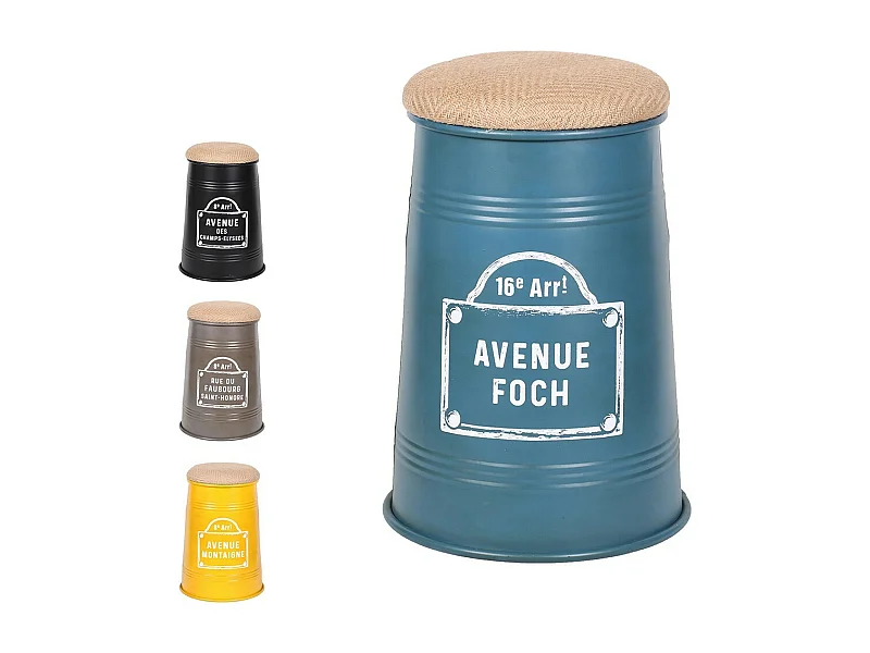 Set di 4 sgabelli pouf conici in stile industriale, collezione PARIS - Colori nero, giallo, grigio e blu.