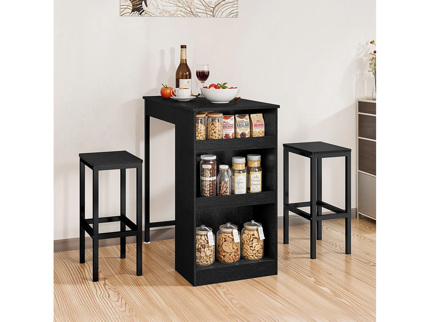 YITAHOME Table de bar 3 Pièces - 2 tabourets - Noir - Étagères ouvertes - pour la Maison, la Cuisine, le Pub et le Café